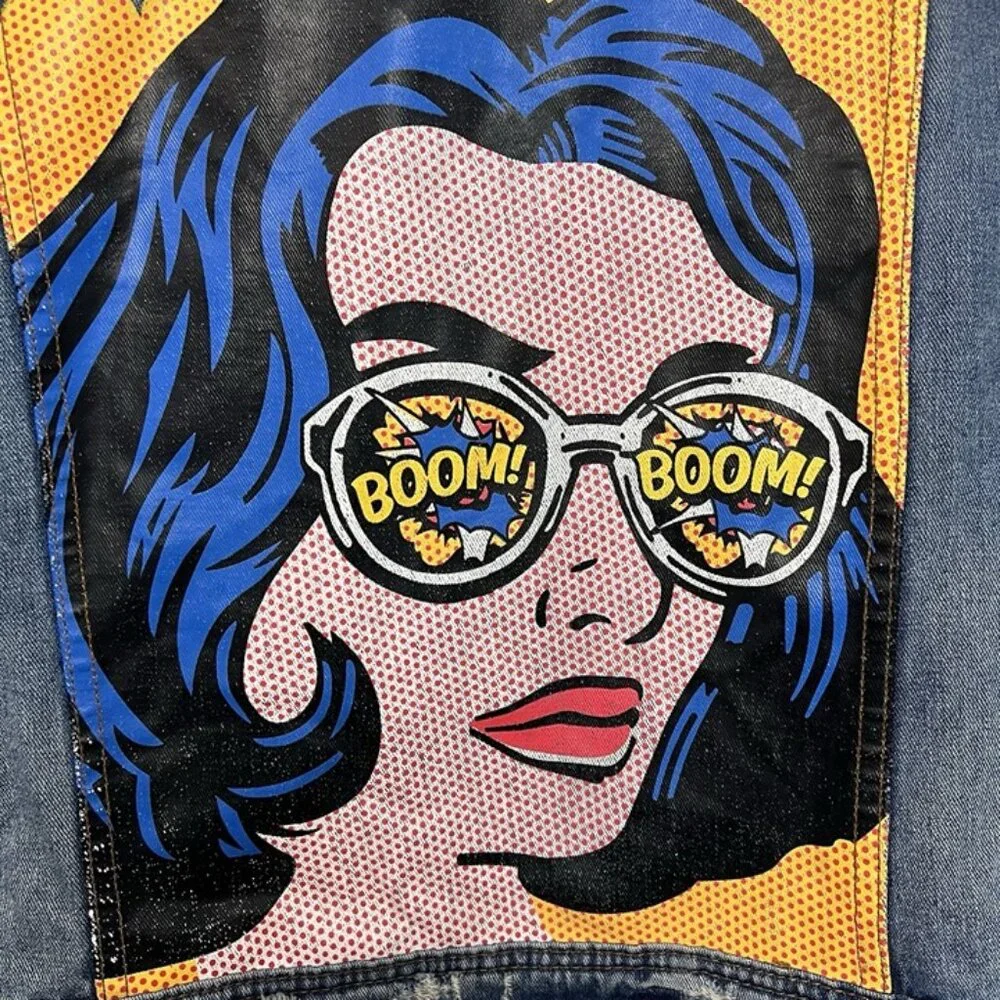 Boom Boom Jean‎ Jacket Sz M Not Your Girl Graphic Denim Distressed Pop Art Comic